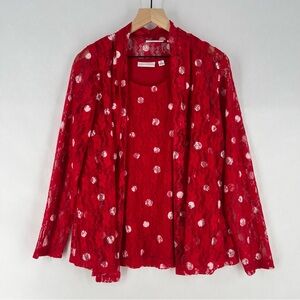 Susan Graver Red Lace White Polka‎ Dot Scoop Neck Tank Sheer Open Cardigan Set